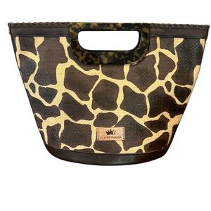 Elaine Turner GABBY Giraffe print Raffia/Leather Tote with Tortoise shell handle